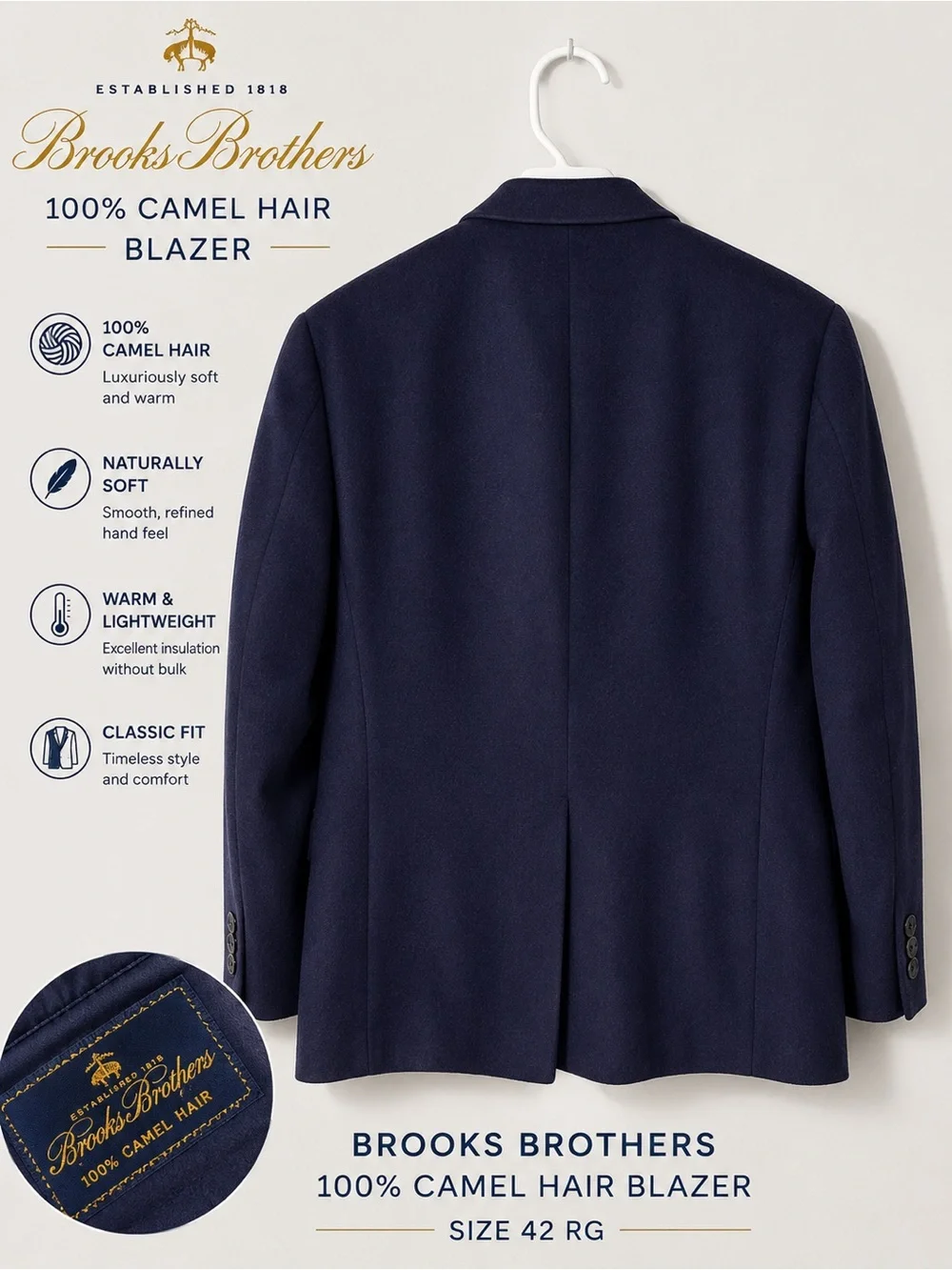 Brooks Brothers 100% Camel Hair Blazer Sport Coat Navy 42R Made in USA